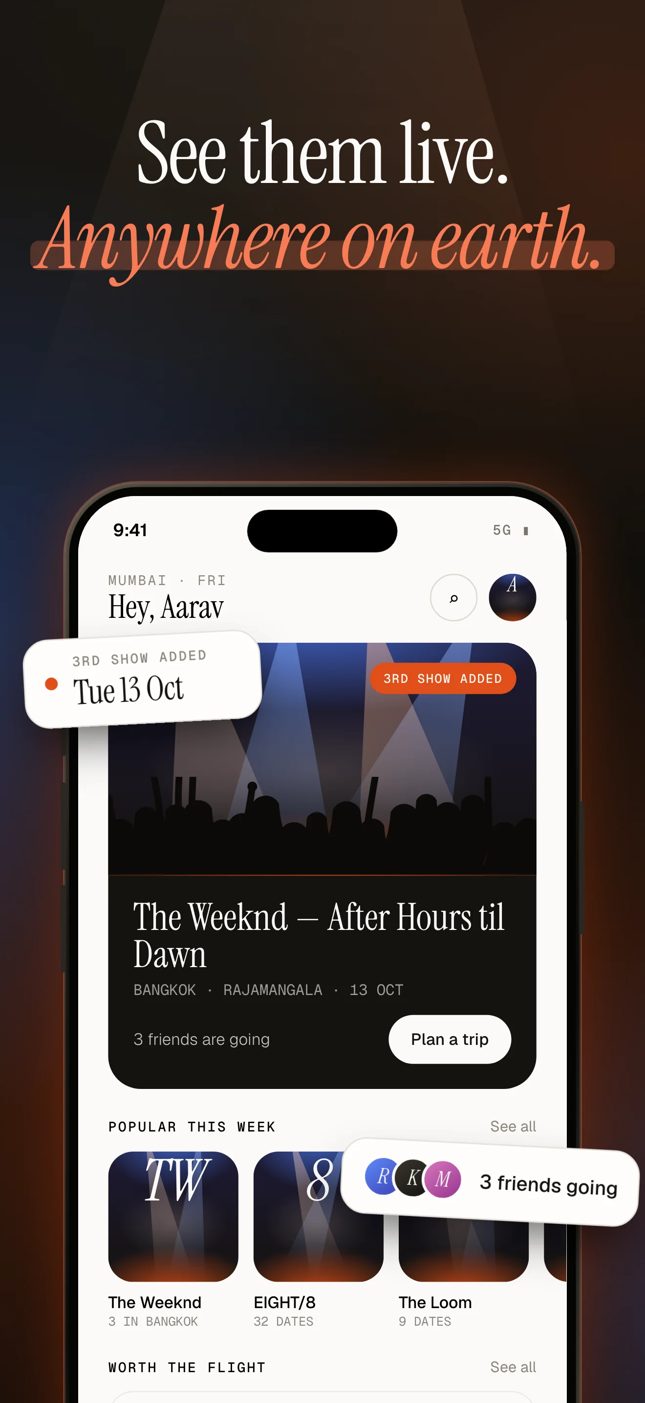 Encore App Store screenshot, "See them live. Anywhere on earth.": the home screen with The Weeknd's After Hours til Dawn show in Bangkok and three friends going.