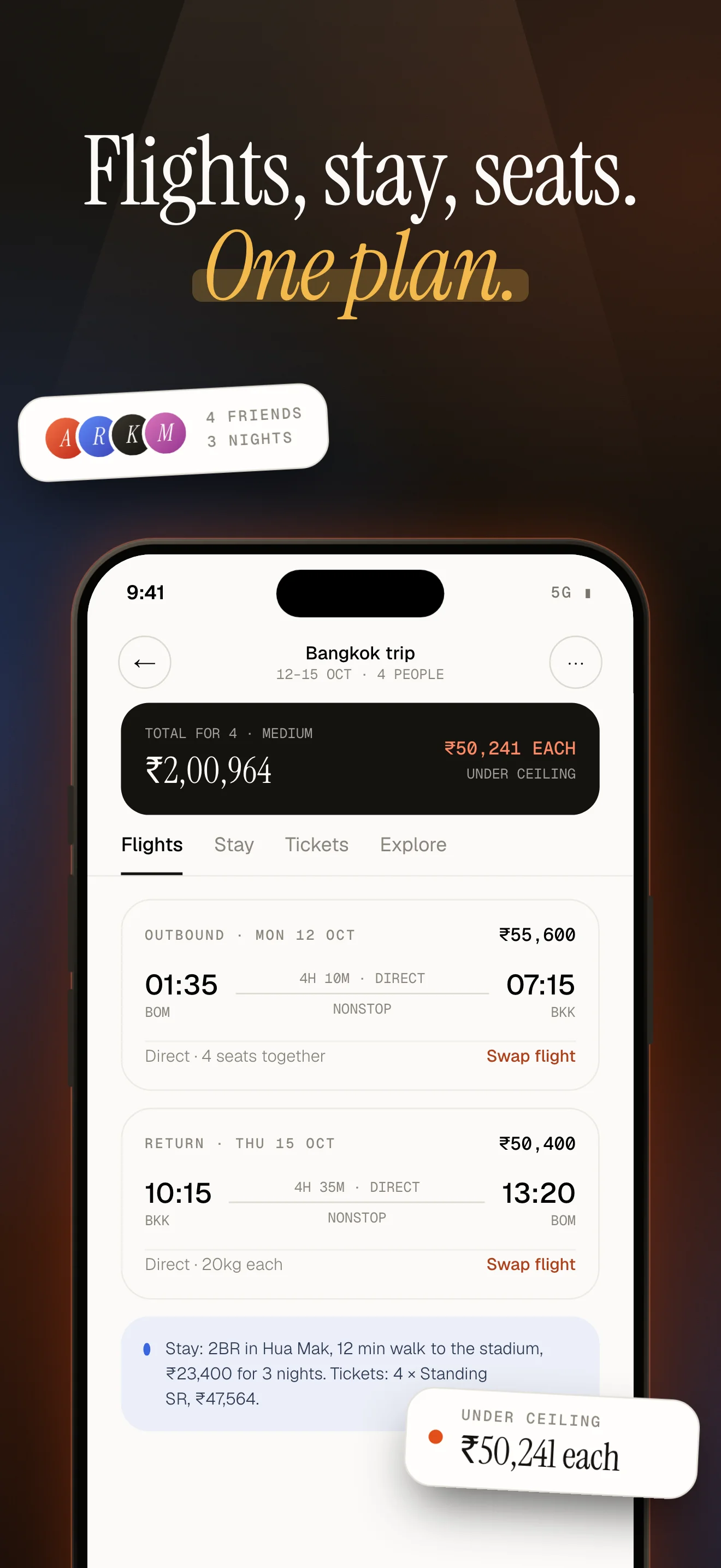 Encore App Store screenshot, "Flights, stay, seats. One plan.": a Bangkok trip for four with outbound and return flights.