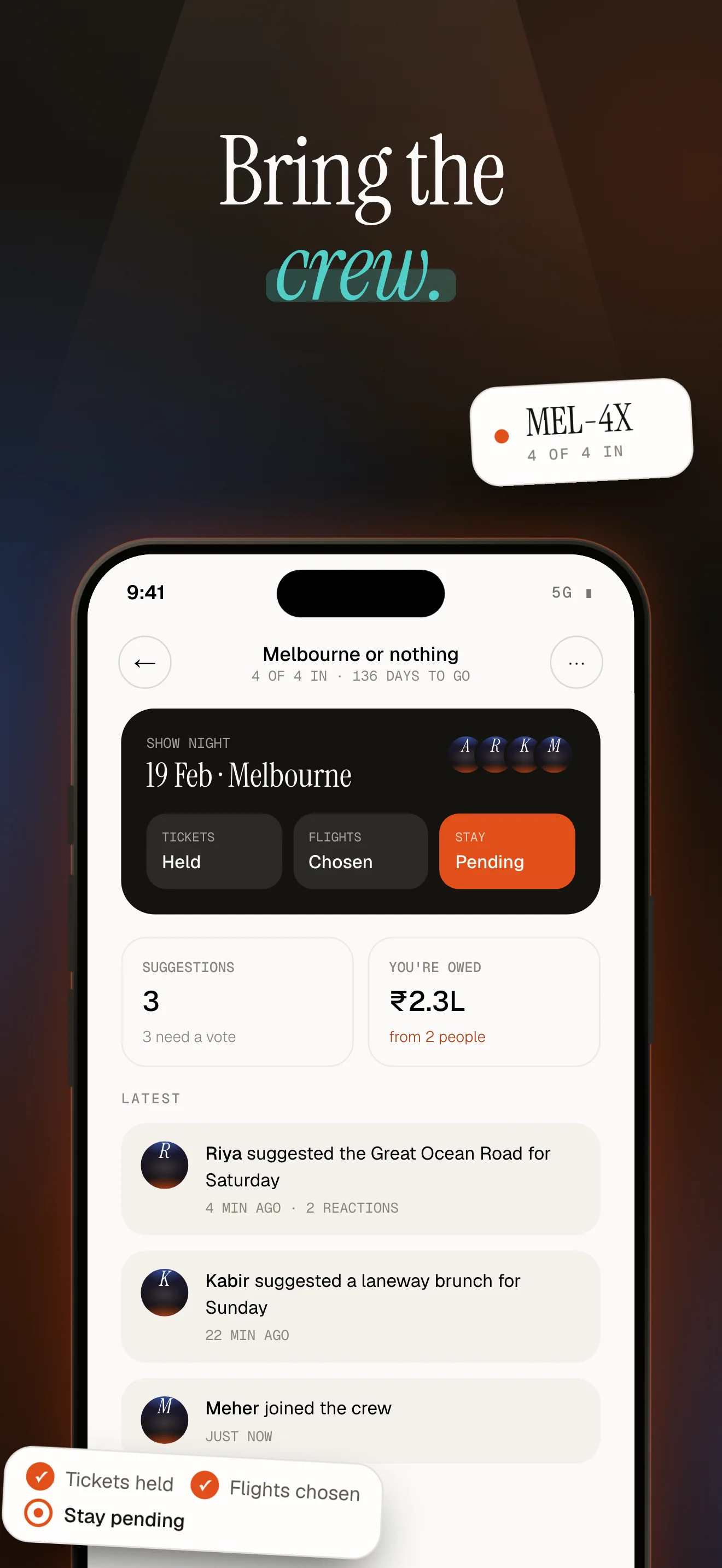Encore App Store screenshot, "Bring the crew.": a group trip to Melbourne, with tickets held, flights chosen and the stay pending.
