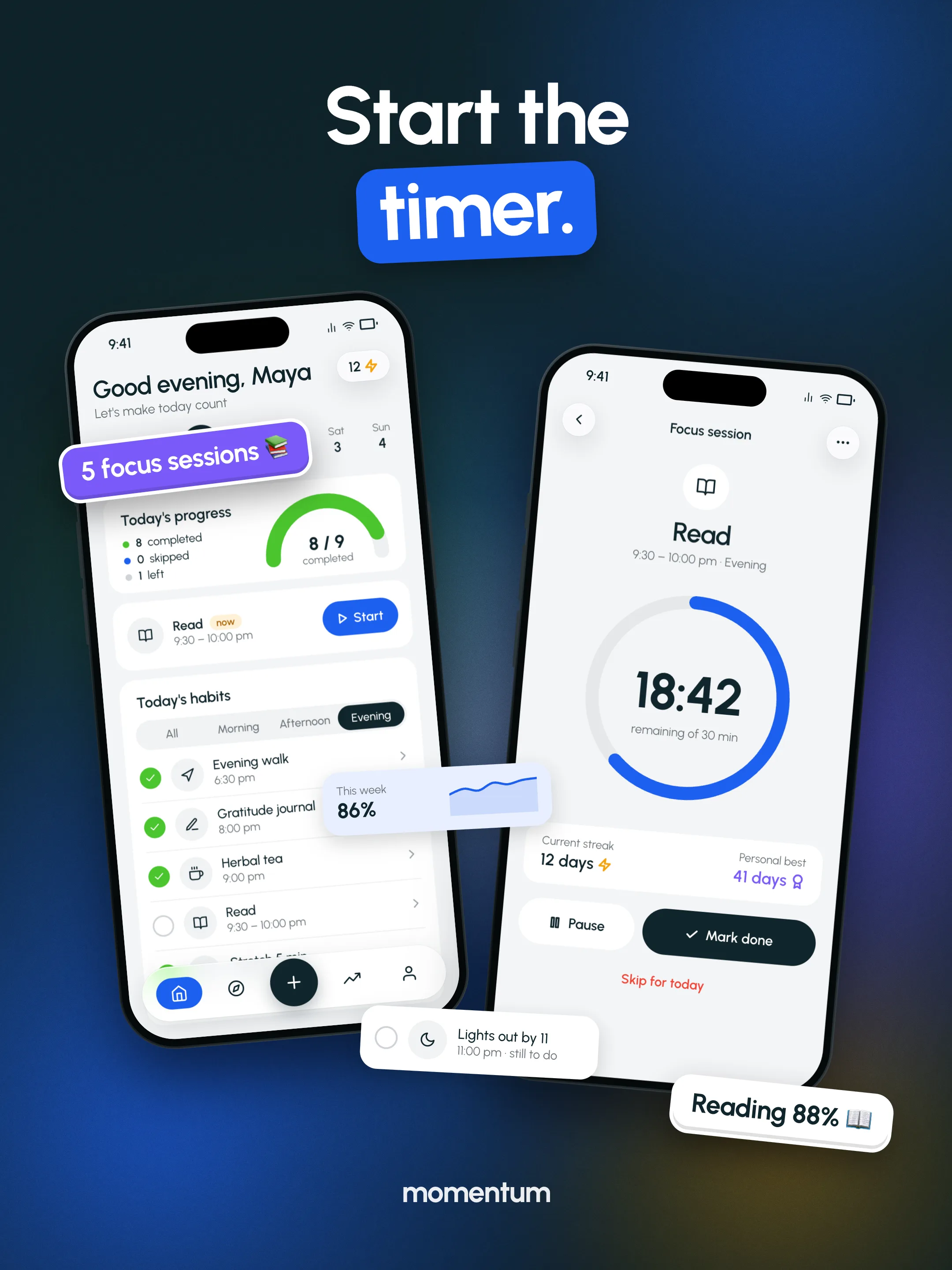 Momentum post, "Start the timer.": two phones showing the Today screen with evening habits, and a focus session for "Read" with 18:42 left on a 30-minute timer.