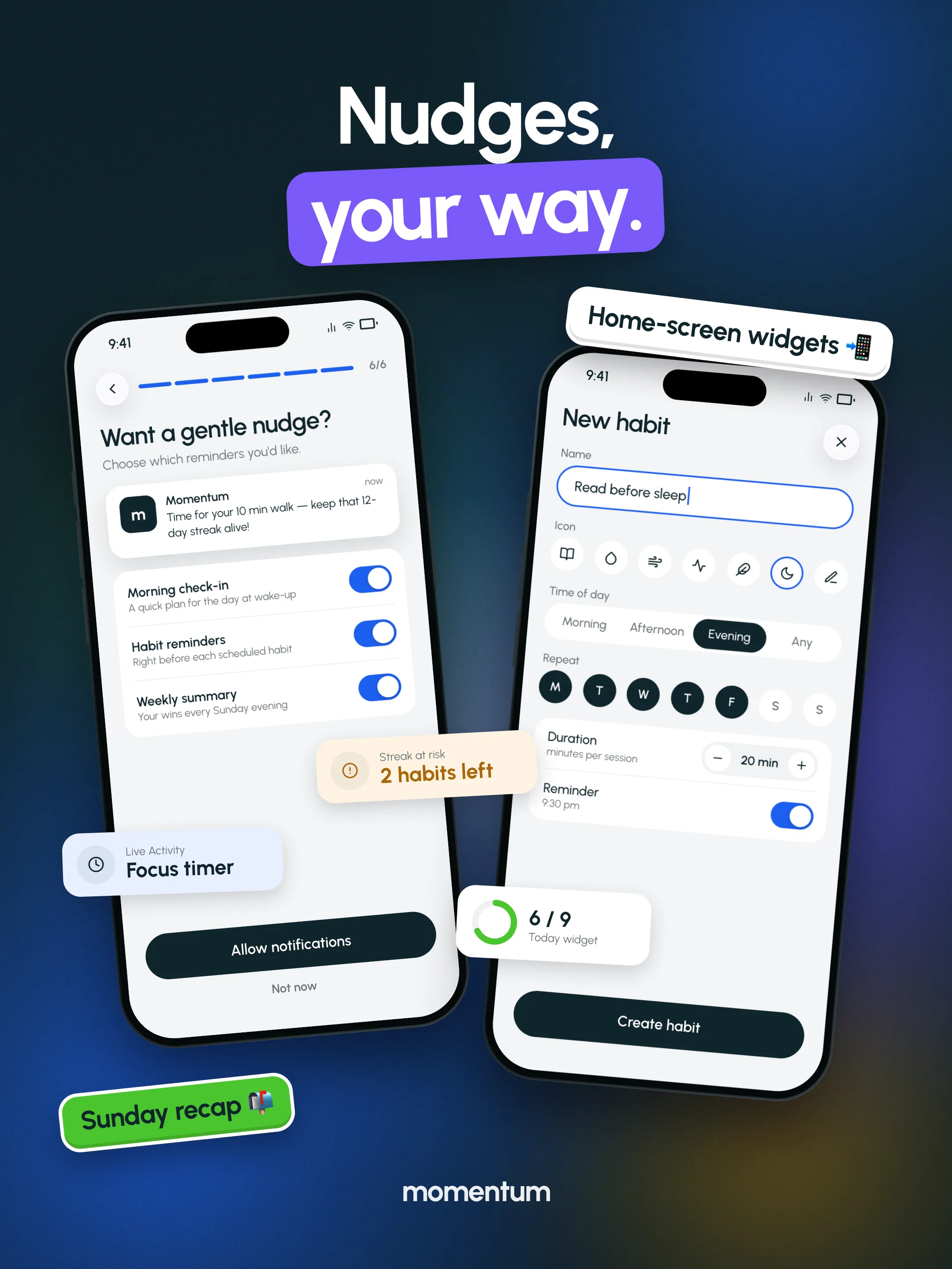 Momentum post, "Nudges, your way.": two phones showing the reminders setup (morning check-in, habit reminders, weekly summary) and the New habit screen for "Read before sleep".