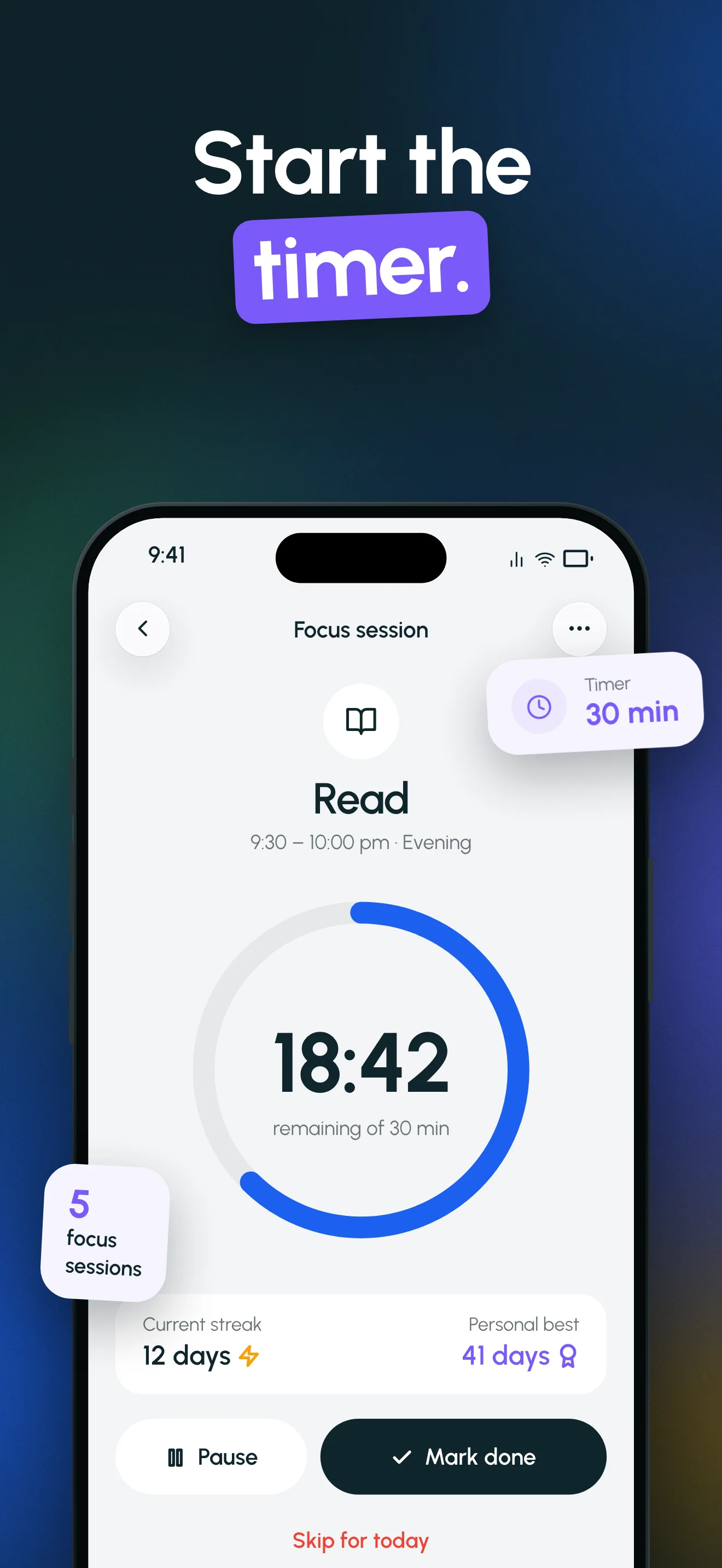 Momentum App Store screenshot, "Start the timer.": a 30-minute focus session for "Read" with 18:42 left.