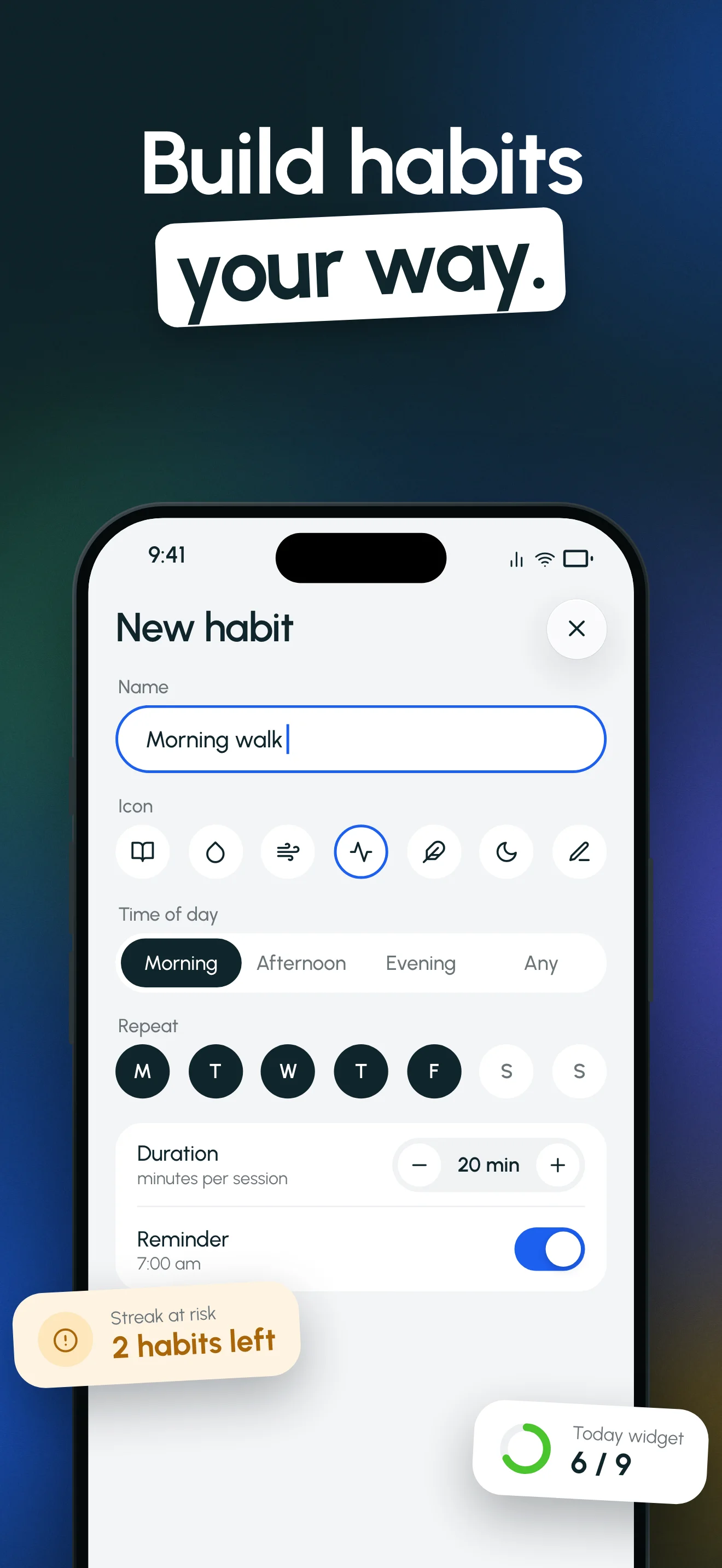 Momentum App Store screenshot, "Build habits your way.": the New habit screen for "Morning walk", with time of day, repeat days, duration and a reminder.