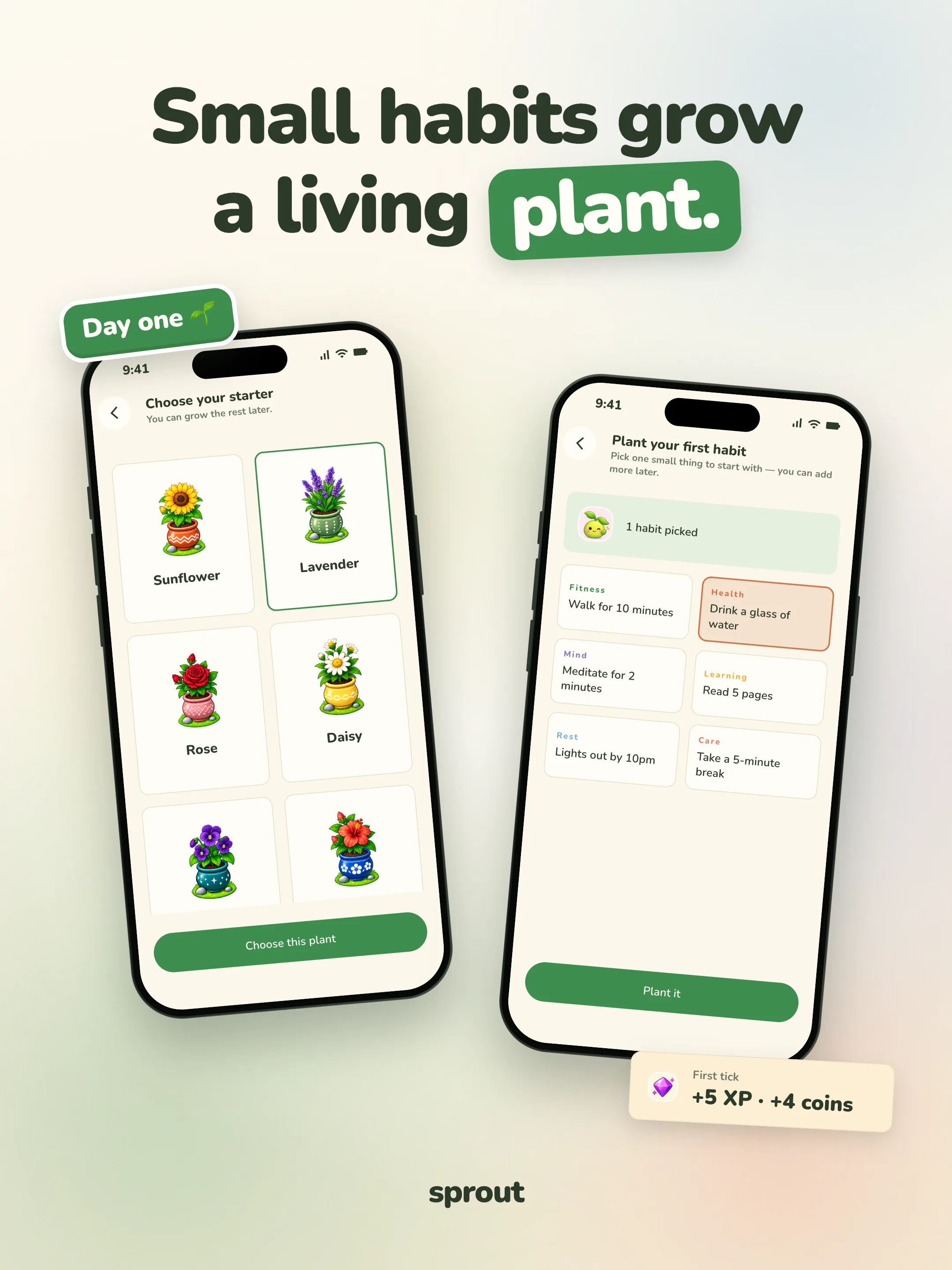 Sprout post, "Small habits grow a living plant.": two phones showing "Choose your starter" with Lavender selected among six potted plants, and "Plant your first habit" with "Drink a glass of water" picked.