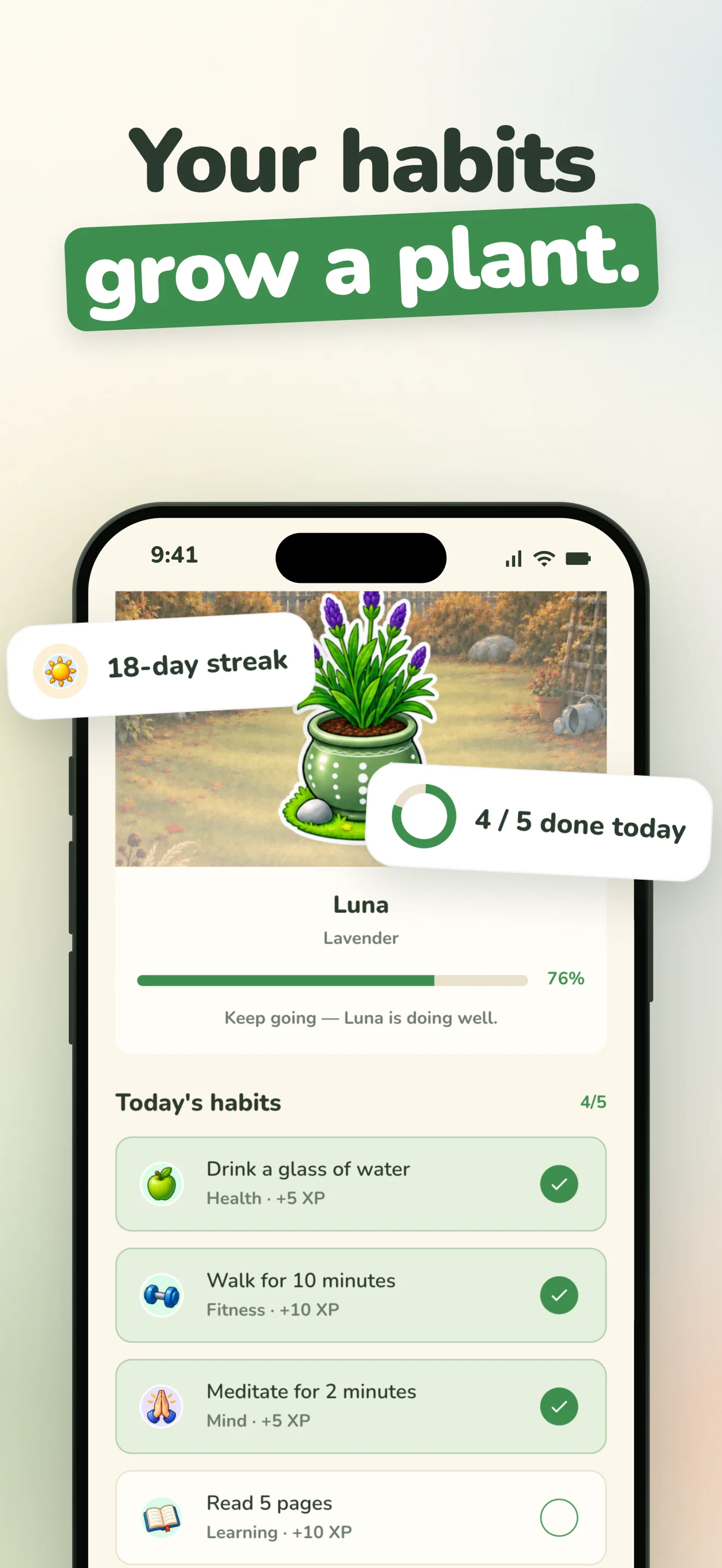 Sprout App Store screenshot, "Your habits grow a plant.": Luna the lavender at 76%, with an 18-day streak and 4 of 5 habits done today.