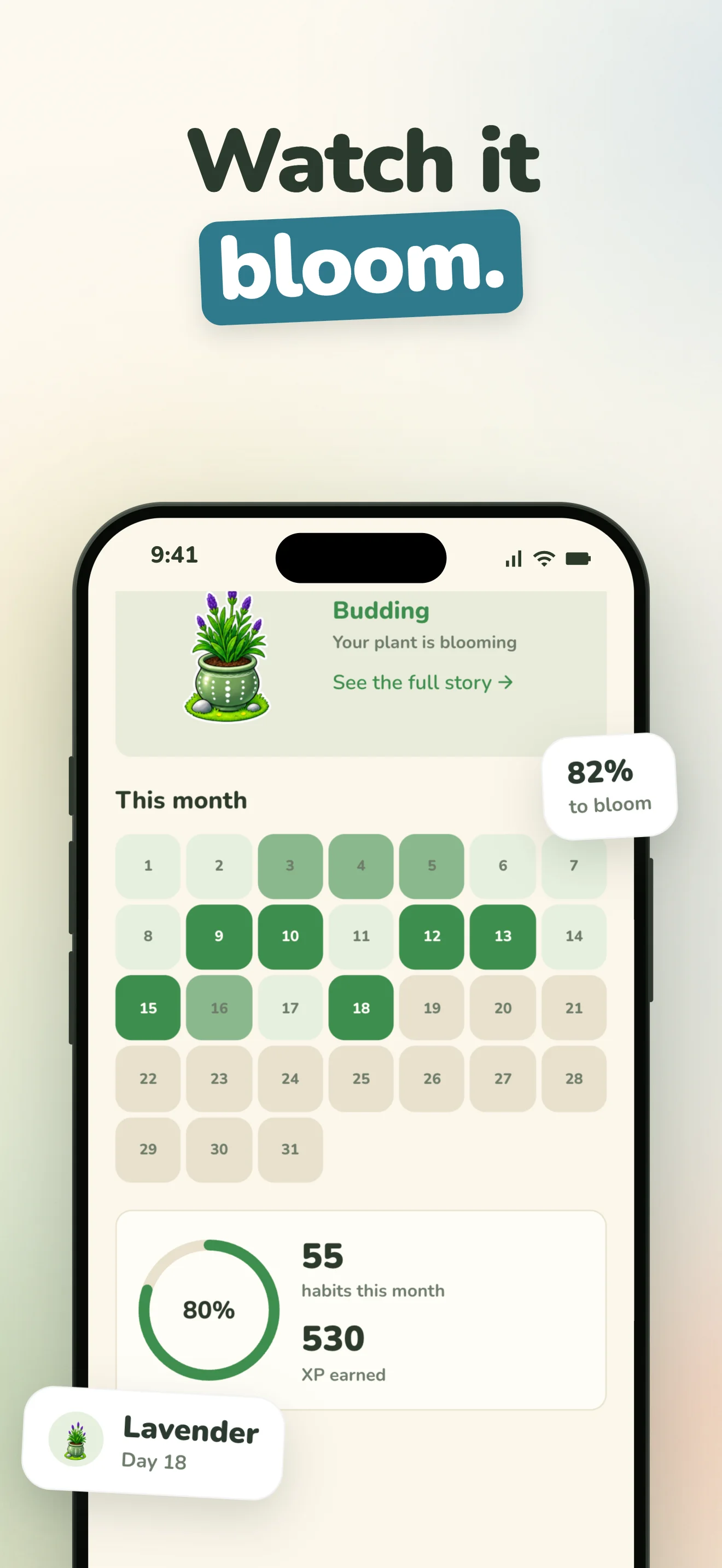 Sprout App Store screenshot, "Watch it bloom.": the month calendar as Luna buds, 82% of the way to bloom.