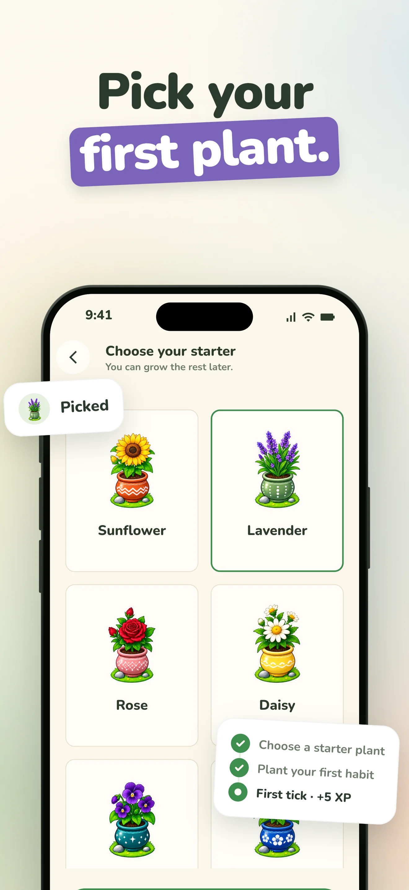 Sprout App Store screenshot, "Pick your first plant.": choosing a starter plant from sunflower, lavender, rose and daisy.