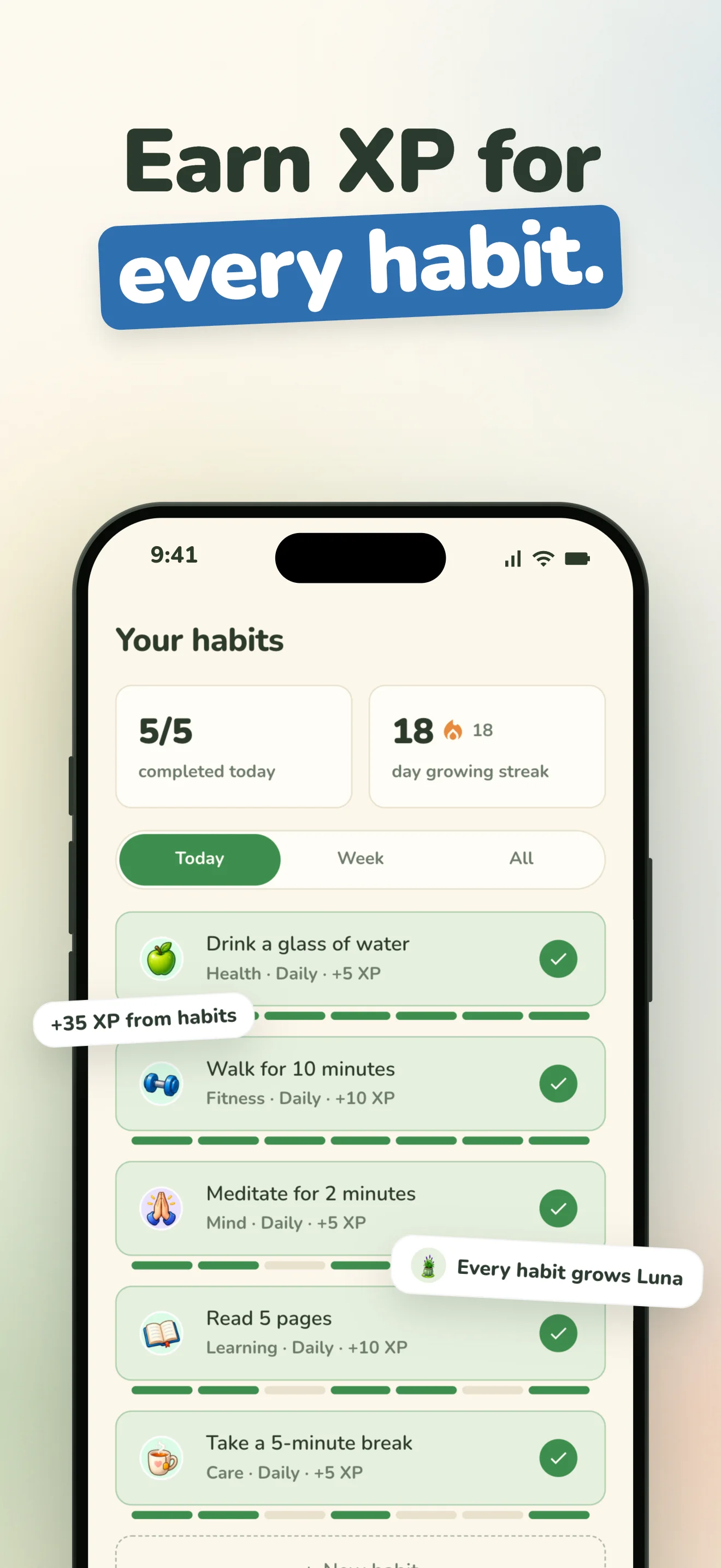 Sprout App Store screenshot, "Earn XP for every habit.": today's habits, each earning XP, with 5 of 5 done.